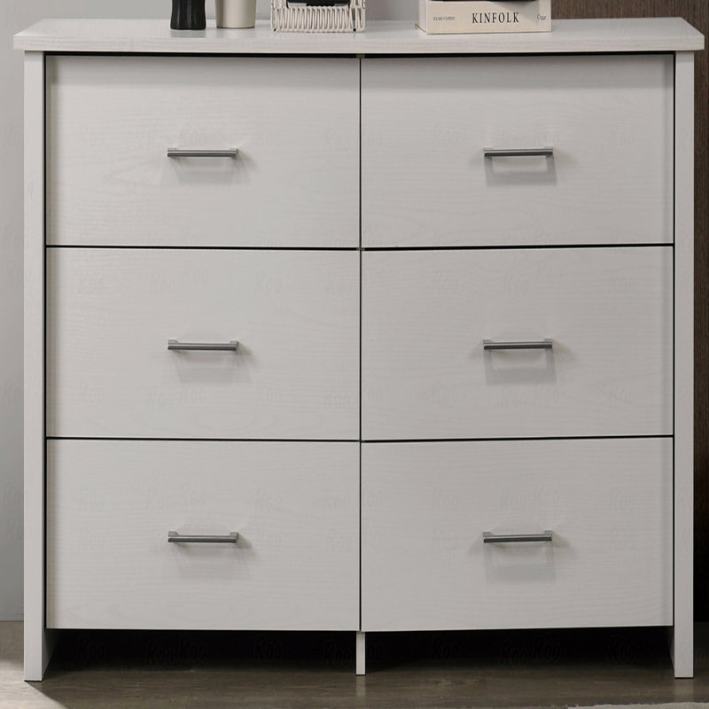 Commode 6 tiroirs, l 57 po avec poignées argentées, Blanc