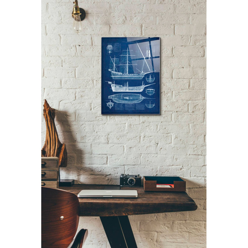 «Antique Ship Blueprint I» par Vision Studio, art mural en verre acrylique, H 16 po x l 12 po x P 0,12 po