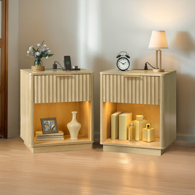 Oak Hemmer 1 Drawer Lower Shelf P2 MDF 19 Inches USB Type C RGB Lights Grid, Beige
