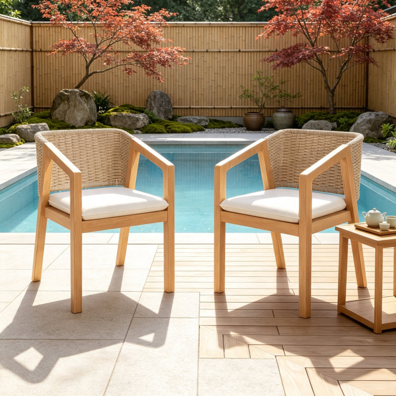 Ensemble de 2 chaises de salle à manger en bois massif de style patio, confortables et durables avec un design en corde et des coussins imperméables