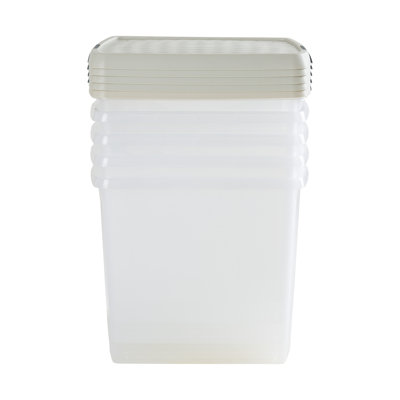 Wham Clip 5x 13.2L Square Plastic Storage Boxes with Secure Clip Lock Lids. L:39.5 x W:39.5 x H:12cm Clear/Green Milieu/Stone