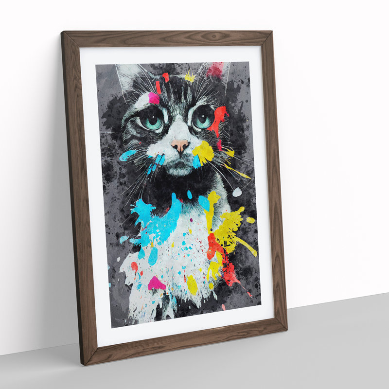 Catt Paint Splash No.4 - Wall Art, 48cm H x 36cm W, Walnut Framed, White
