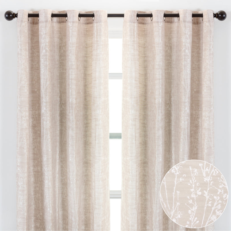 Floral Semi-Sheer Grommet Curtain Panels, Beige, 52" W x 96" L