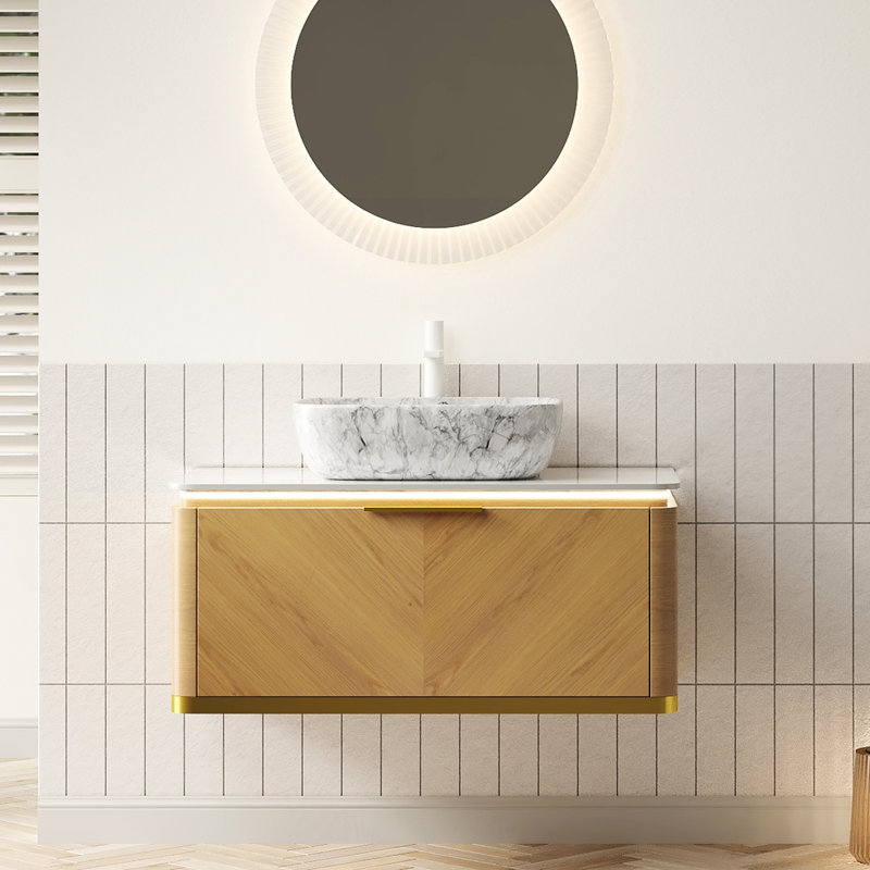 36" Bathroom Vanity With Multi - Layer Plywood Cabinet, Gold Handles, Soft Close Damping System And Marble Pattern Basin Floating Twill Drawer, System, Sink Sintered Stone Finish