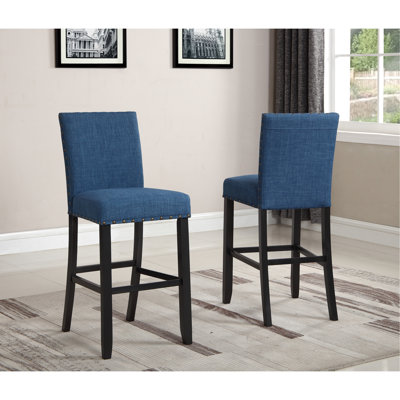 Tabourets de bar en tissu bleu avec garniture cloutée, structure en bois franc 2, lin / coton, H 44 po, siège H 30 po, tabourets 2 pièces 23 po x 16 po, revêtement en lin et coton robuste, foncé, assise 16 x 23 x 44