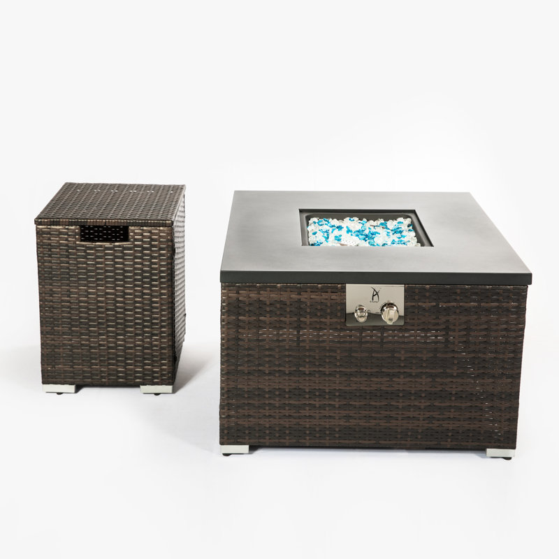 Table de foyer d'extérieur au propane 50000 avec un design carré de 32 pouces, un brûleur en acier inoxydable, un allumeur à impulsion électronique, un couvercle de réservoir séparé et une fonction réglable de flamme pour une utilisation extérieure au gaz, sur table, brun foncé