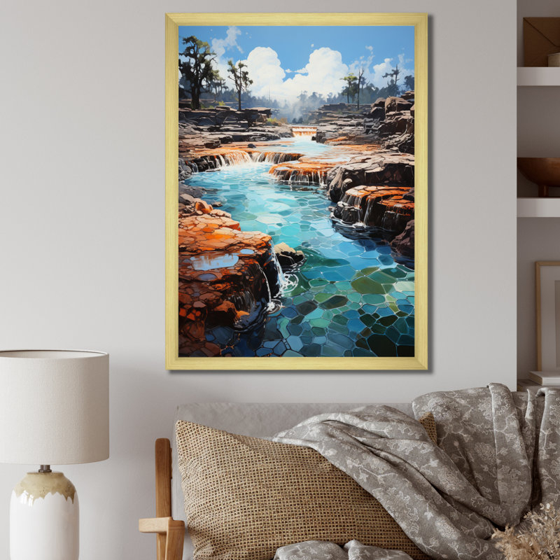Shinde Geyser Erupting Azure Patchwork I, H 40 po x l 30 po x P 1,5 po, Encadrement doré