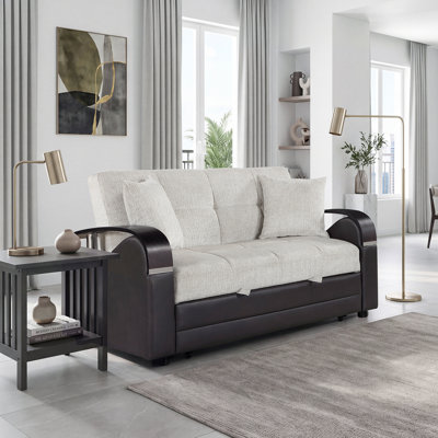 Philip 62" Modern & Contemporary Chenille Convertible Sleeper 2-Seater Loveseat with Pull-Out Bed, Click-Motion Drop-Down Back & Feather-Down Accent Pillows