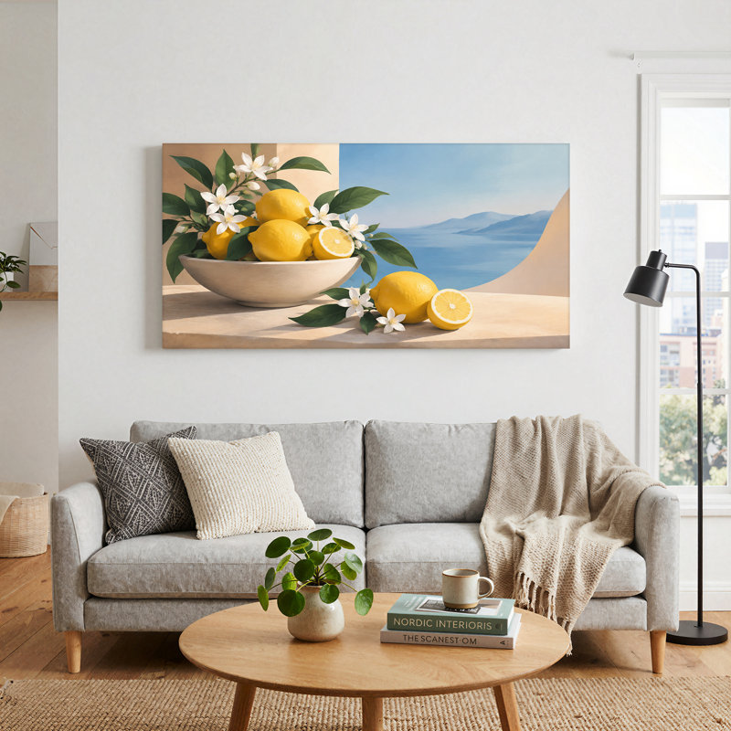 Art mural sur toile, citrons jaunes et fleurs blanches avec vue sur la mer bleue, 40“W x 20”H