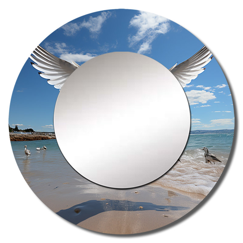 Sarvesh Blue Seagulls In Flight At Beach - Seagull Mirror, Modern Round Decorative Wall Mirror, Printed Metal Art, 29" x 29"