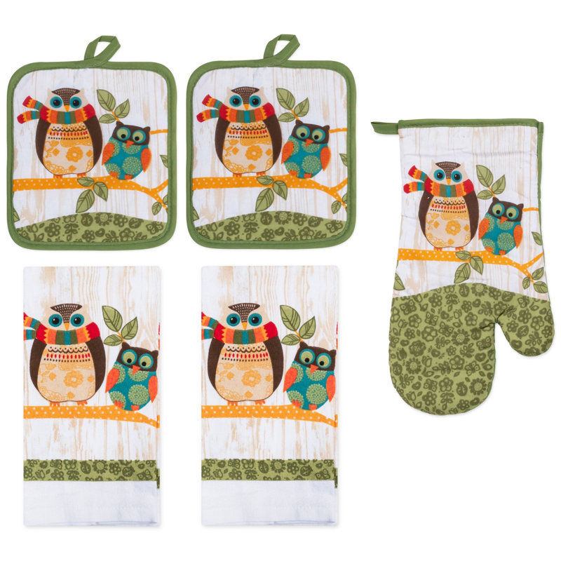 Ensemble de linge de cuisine imprimé 5 pièces PREMIUS, hiboux, 2 serviettes en coton, 2 poignées, 1 gant de cuisine