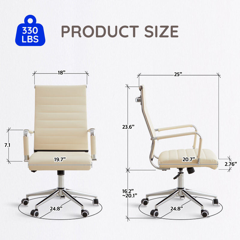 Ergonomic Executive Office Swivel Chair With Ribbed Leather Back, Chrome, Beige