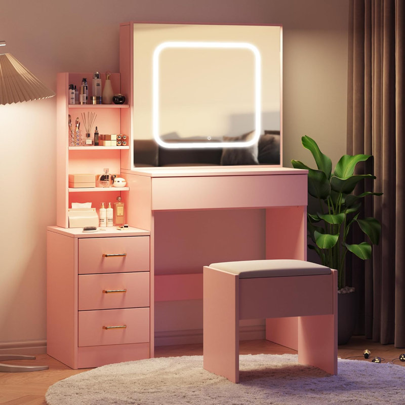 Vanity Desk with Mirror and LED Lights, Makeup Vanity Desk with Sliding Lighted Mirror, Dressing Table Set with Stool & 4 Drawers, Storage Shelves