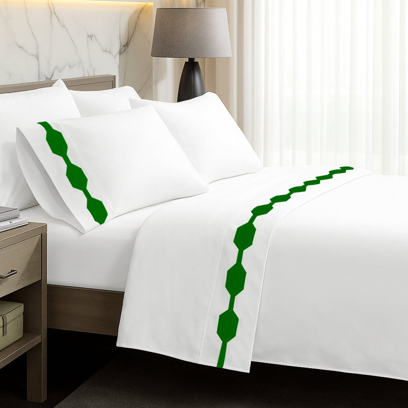 Hexagonal Applique Border Cotton Sheet Set, Full Sheet Set, Green Border