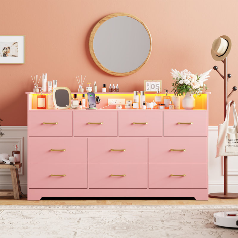 10 Drawer Dresser for Bedroom - 65” Wide Chest of Drawers with Large Storage Space and Charging Station, Modern TV Stand Organizer Cabinet with Open Shelf Table for Living Room, Hallway, Pink