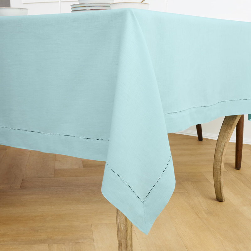 100% Pure Linen Hemstitch Table Cloth - Classic Hemstitch, 156" x 60", Aqua Blue