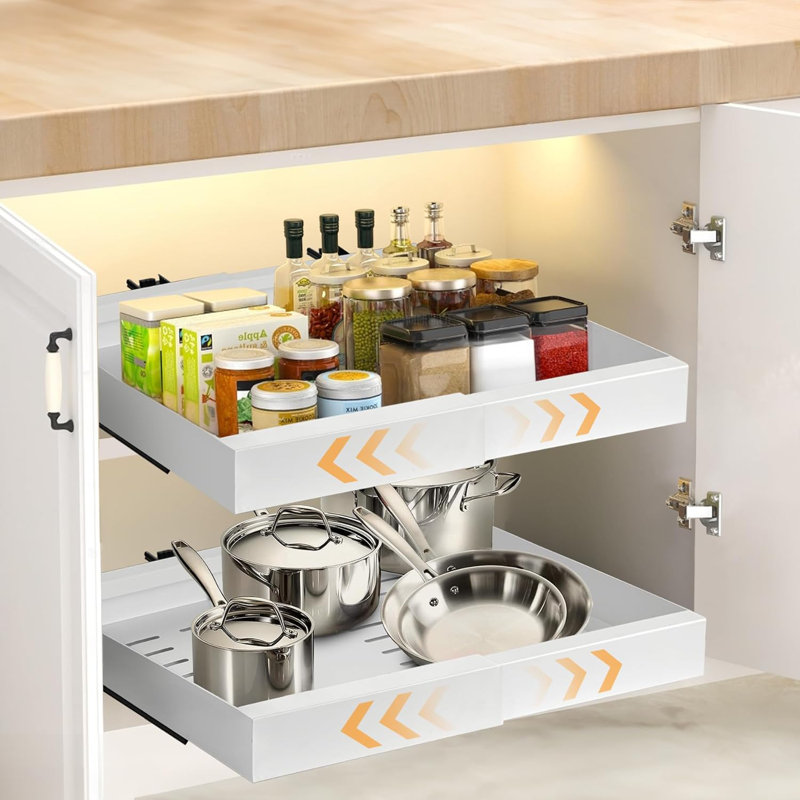 Tiroir à tiroir coulissant pour armoires (12,2 po à 20,3 po) Organisateur d'armoire extensible 3 rails coulissants Tablette coulissante pour organisateur d'armoire avec film Nano adhésif (blanc)