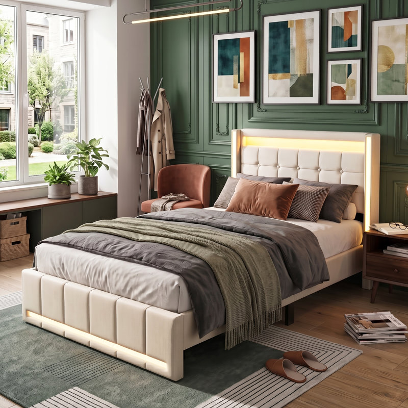 Smart Wingback Linen Storage Beds Upholstered Bed, Beige, 2 Drawers