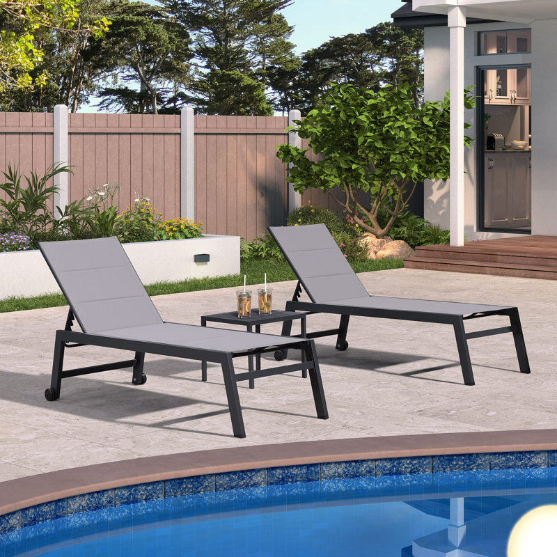 Valhalla Outdoor Rust-Resistant Metal Chaise Lounge with Table, Light Gray