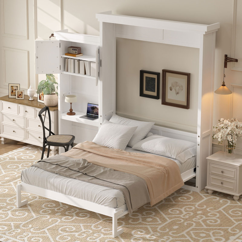 Grand lit escamotable avec bureau intégré et rangement, Blanc