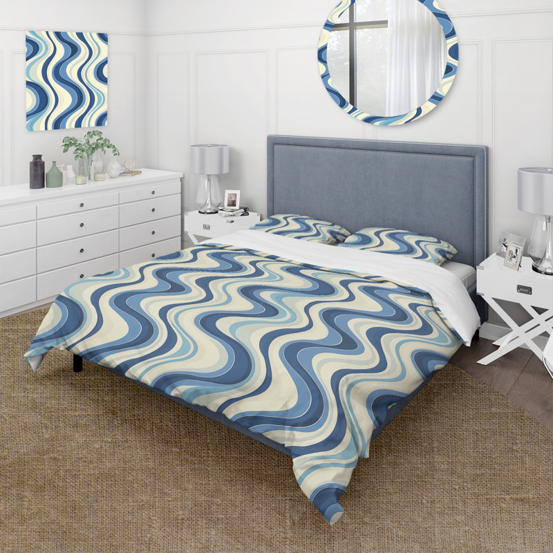 Ensemble de housse de couette bleu beige Midcentury Waves - Midcentury, Housse de couette simple + 2 taies décoratives st