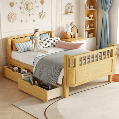 Queen Size Floor Bed with High Rails for Kids, Transition Style Wood Platform Bed Frame with Removable Guardrails Convertible Montessori Bed, Easy Assembly and Multi-Functional