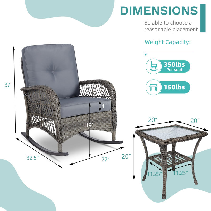 Gray Wicker Rocking Chair Set with Cushions and Glass-top Table