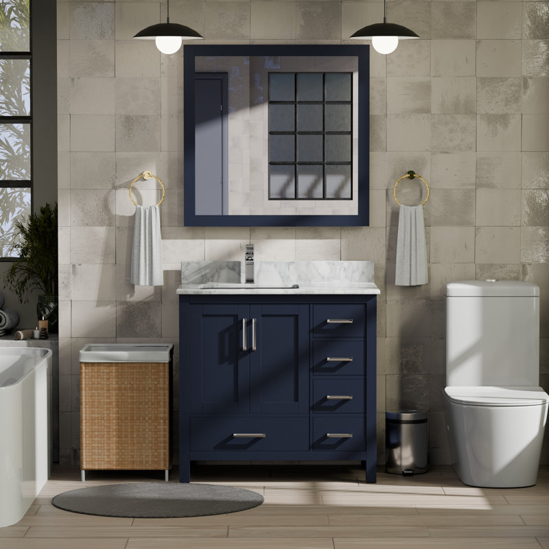 Jacques 36 in. W x 22 in. D Left Offset Bath Vanity, Faucet Set, & 34 in. Mirror, Navy Blue, White Carrara Marble
