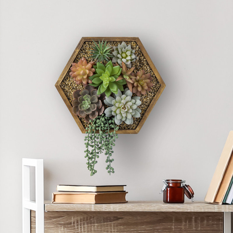 11.41'' Faux Succulent in Solid Wood Planter