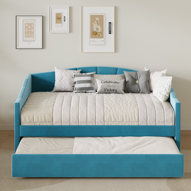Velvet Elegance Twin Solid Wood Daybed with Space-Saving Trundle Bed, Sofa/ Guest Bed, Blue