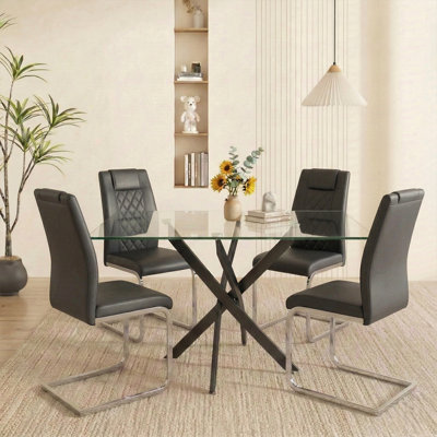 Ectangular Glass Dining Table Set For 4, 47.24" Glass Dining Table With Black Legs, Modern Kitchen Table For Home Kitchen(black Table And Black Chairs)