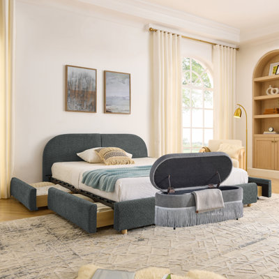 2-piece Queen Bedroom Set,1 Boucle Upholstered Bed Frame and 1 Storage Ottoman