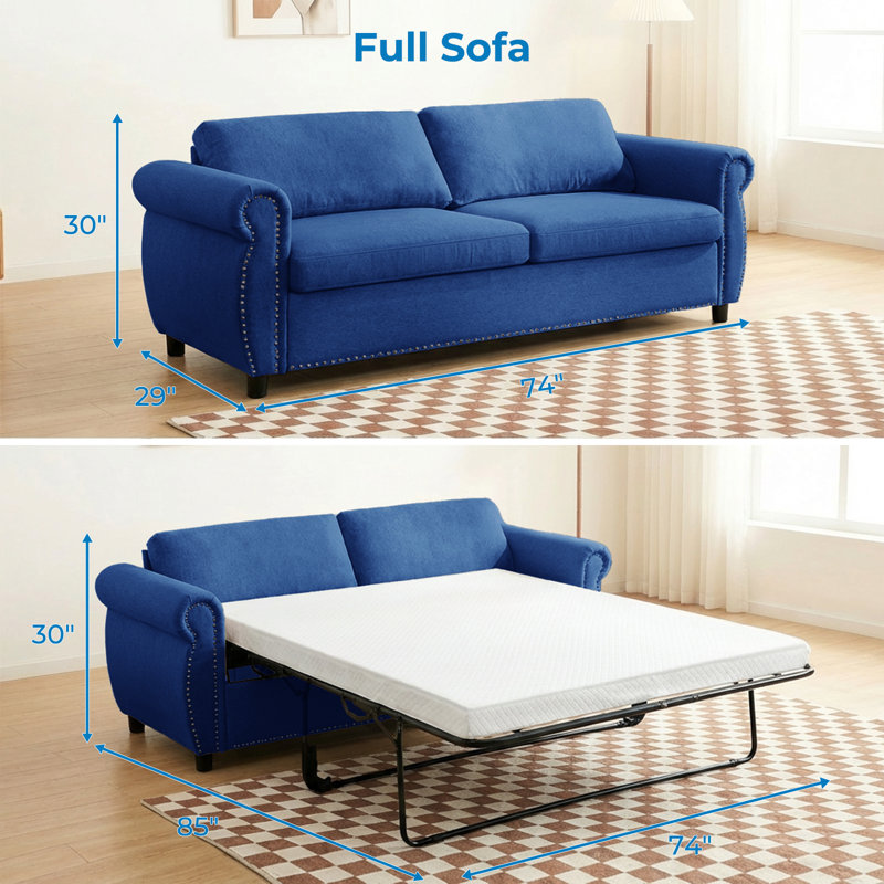 Causeuse-lit 74 po en lin avec matelas en mousse à mémoire de forme, bleu, H 30 po x l 74 po x P 29 po, Bleu