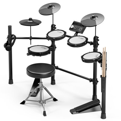 Ensemble de batterie électronique en filet pour débutant, ensemble électrique 7 pièces avec 225 sons, 15 ensembles, cymbales 3 x 10 po, 4 coussinets en filet, réglage de la sensibilité du support, bâtons, écouteurs et câbles, blanc et noir