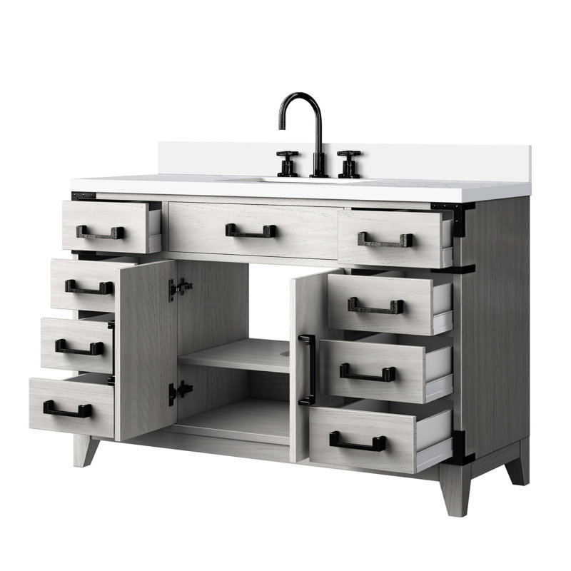 48 po L x P 22 po Meuble-lavabo en chêne blanc avec comptoir en quartz poli et robinet - meuble-lavabo avec tiroirs pratiques