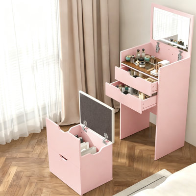 Narrow Flip Top Makeup Vanity Table with LED Light Mirror, Slim Dressing Table with Drawers & Storage Stool, Multi-Functional Dresser Cabinet for Small Bedroom, White/Pink/Walnut/Black Available