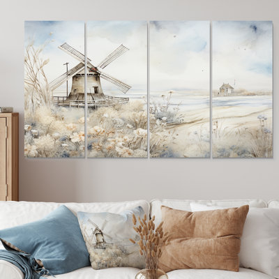 Nostalgic Windmill In Winter - Wind Turbines, art mural 4 pièces