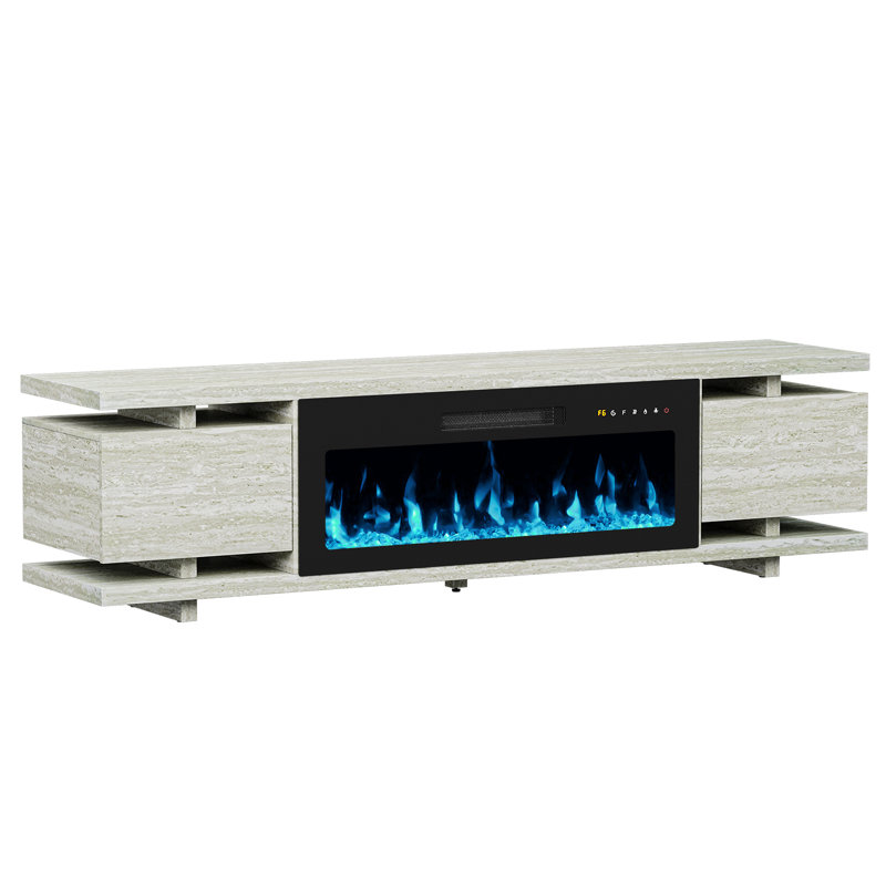 69"Media Console For TVs Up To 80" With Electric Fireplace, Large TV Stand with Led Light, Travertine Marble