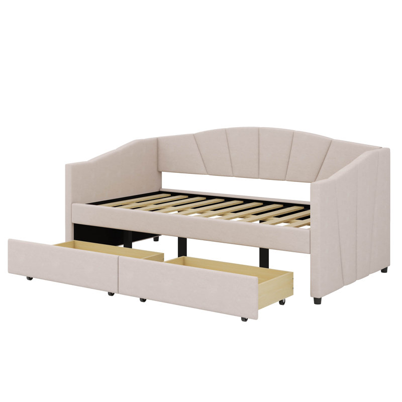 Upholstered Twin Size Daybed With Two Drawers, Beige