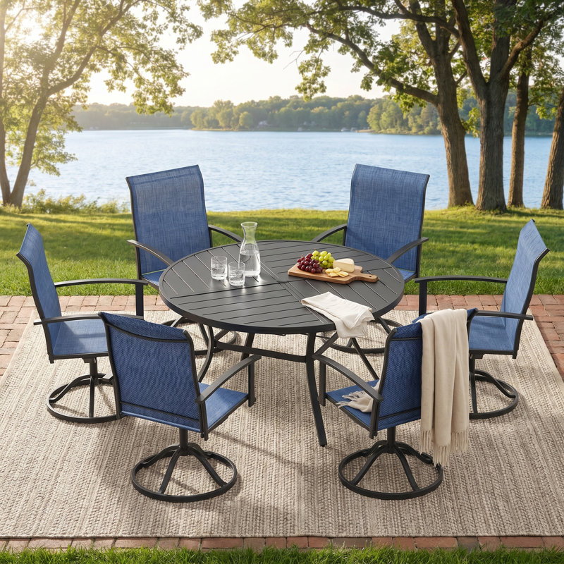 6-Person Outdoor Patio Dining Set With Swivel Chairs, Black, Blue/Black