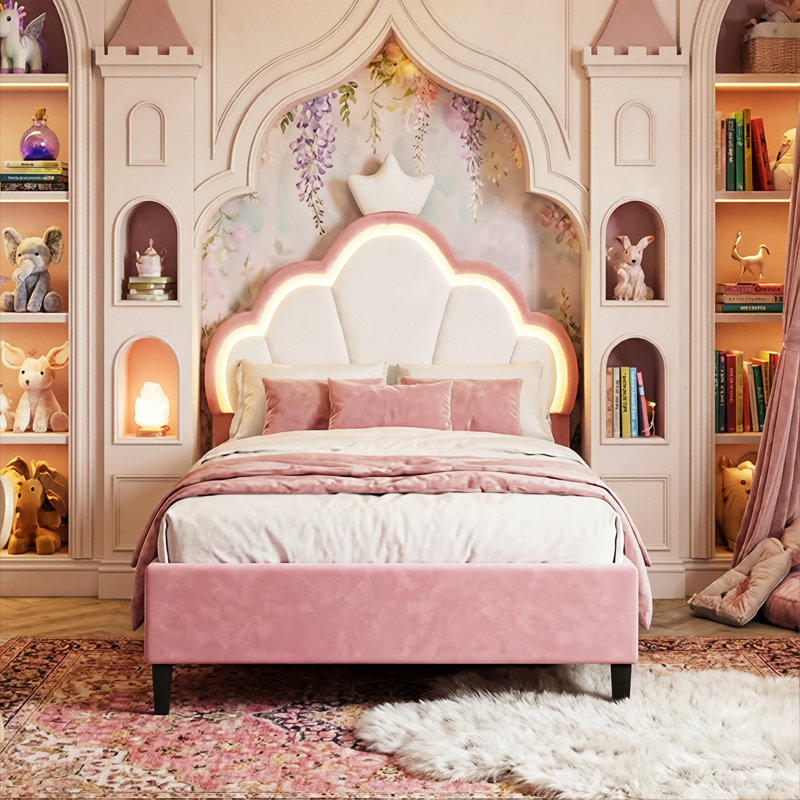UK Single & Double Upholstered Princess Bed With LED Crown Headboard, Pink & White Velvet, Single (3')