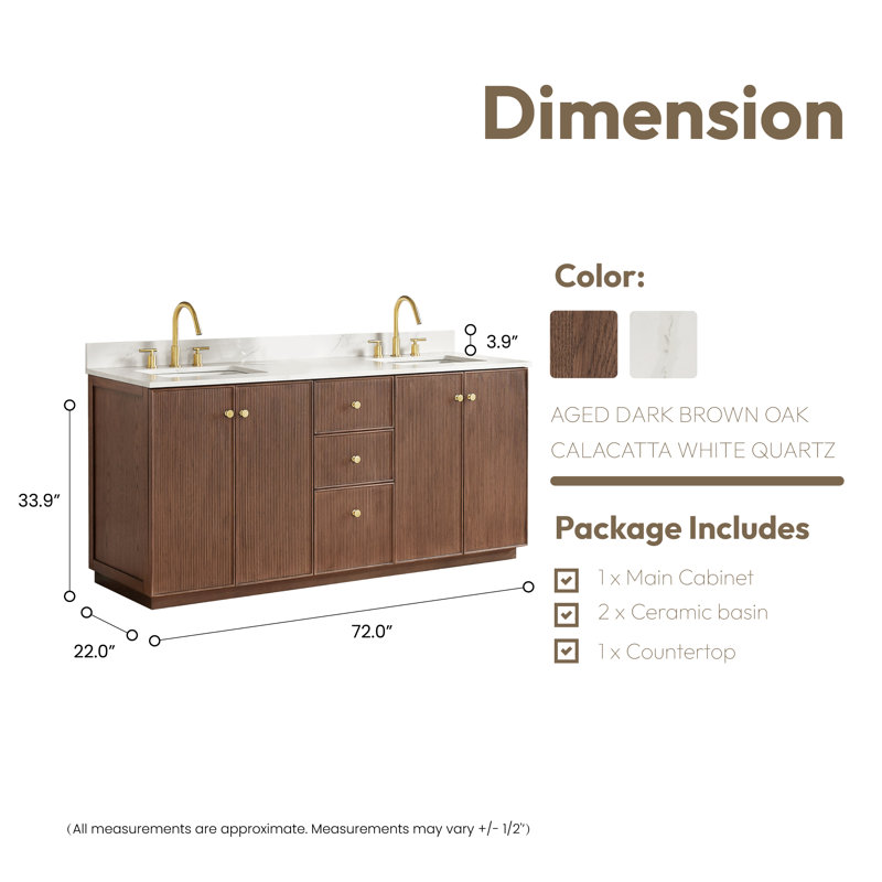 Amella 72'' Free Standing Double Bathroom Vanity with Quartz Top, Dark Brown Oak