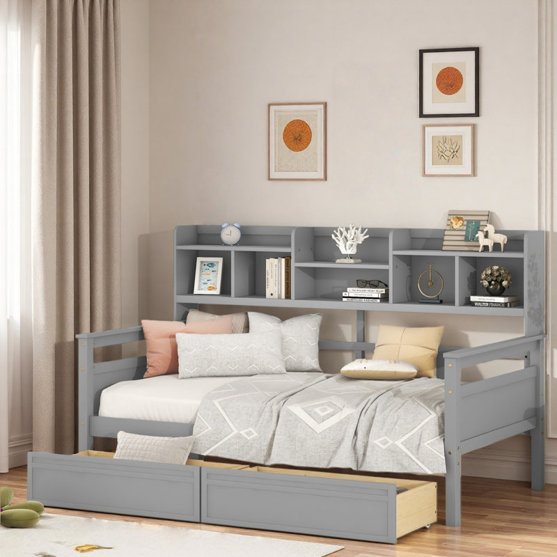 Modern Daybed With Storage Shelves And 2 Drawers, Gray