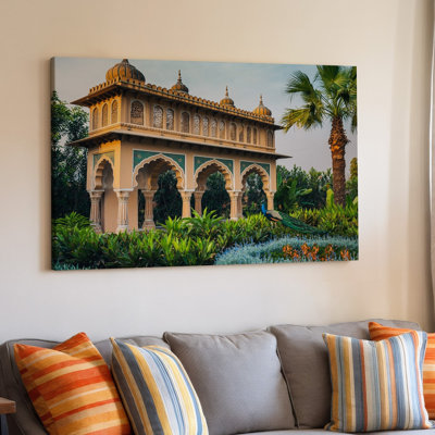 Canvas A Vibrant And Lush Garden Scene Inspired By Traditional Indian Wall Art Architecture Featuring Intricately Designed Arches And Canvas Wall Art