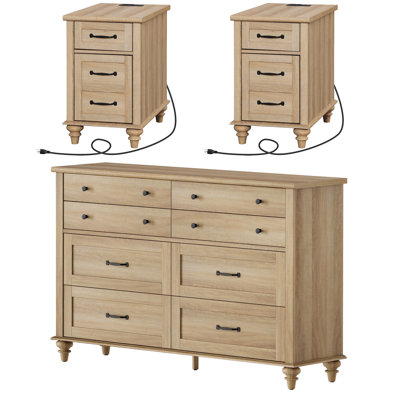 WAMPAT 3 Piece Bedroom Set - Includes Farmhouse 8 Drawer Dresser, Set Of 2 Side Tables With Charging Station & Storage Cabinet, 3 Piece Dresser And Ni by August Grove