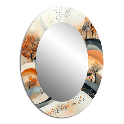 Paysage abstrait en orange et gris - grand miroir mural ovale sur métal