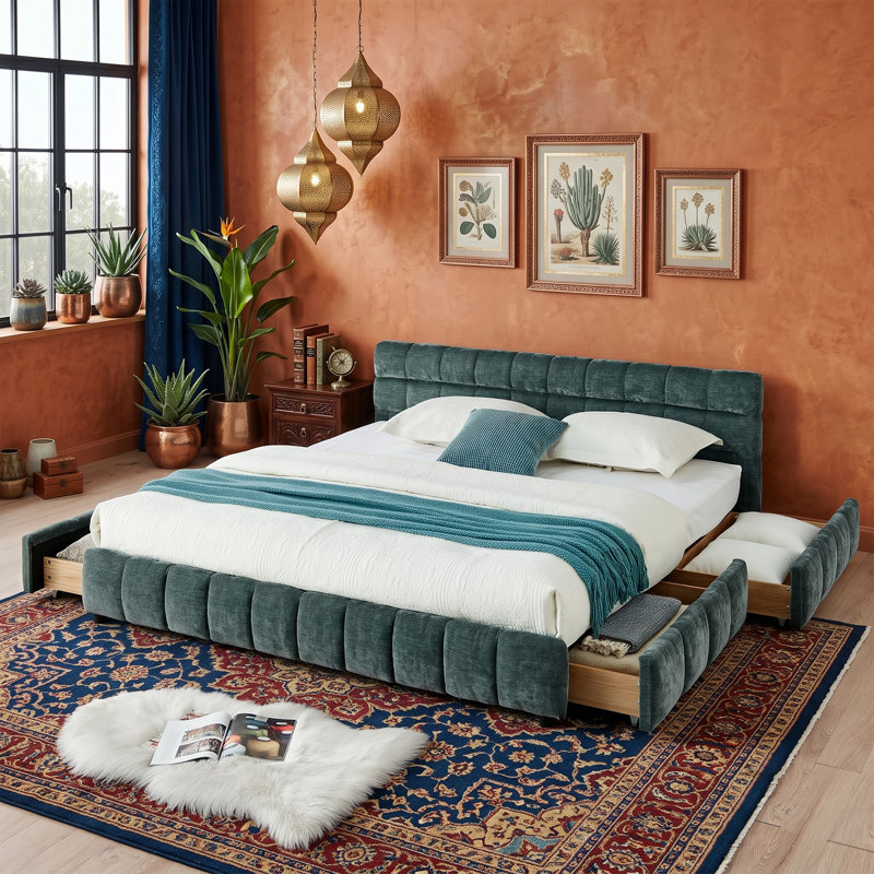 Très grand lit tapissier en chenille de 31 po de hauteur et 81 po de large avec tiroirs de rangement, Bleu vert