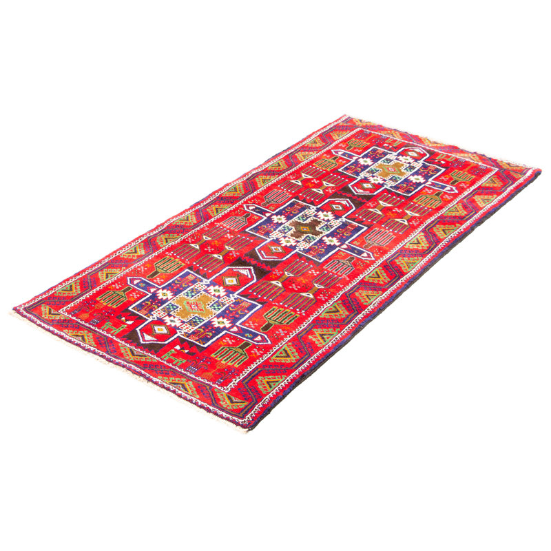 Tapis rouge en laine noué à la main de conception unique 3 pi 6 po x 7 pi 3 po New Age