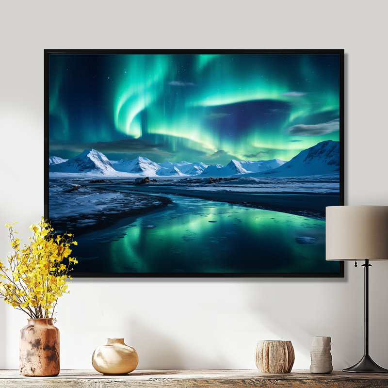 «Islandais Borealis», art mural «Aurora Borealis», Cadre flottant noir, H 16 po x l 32 po x P 1 po