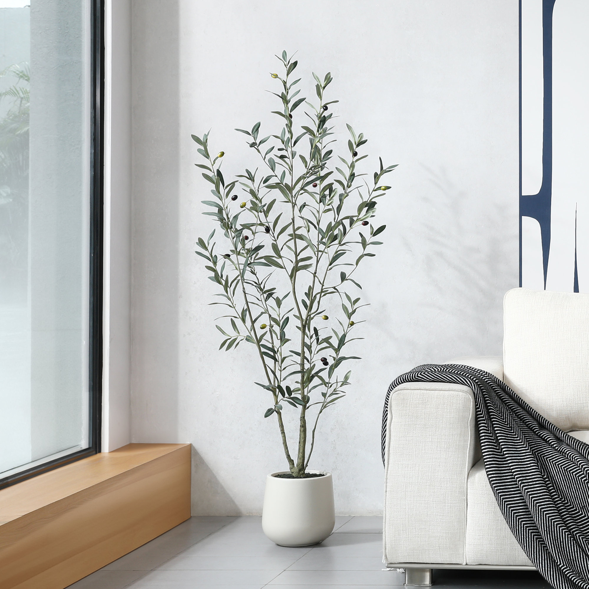 George Fake Plastic Olive Tree with Oval White Planter, Pre Potted Faux Greenry Plant for Home Decor, 60" H x 20" W x 20" D